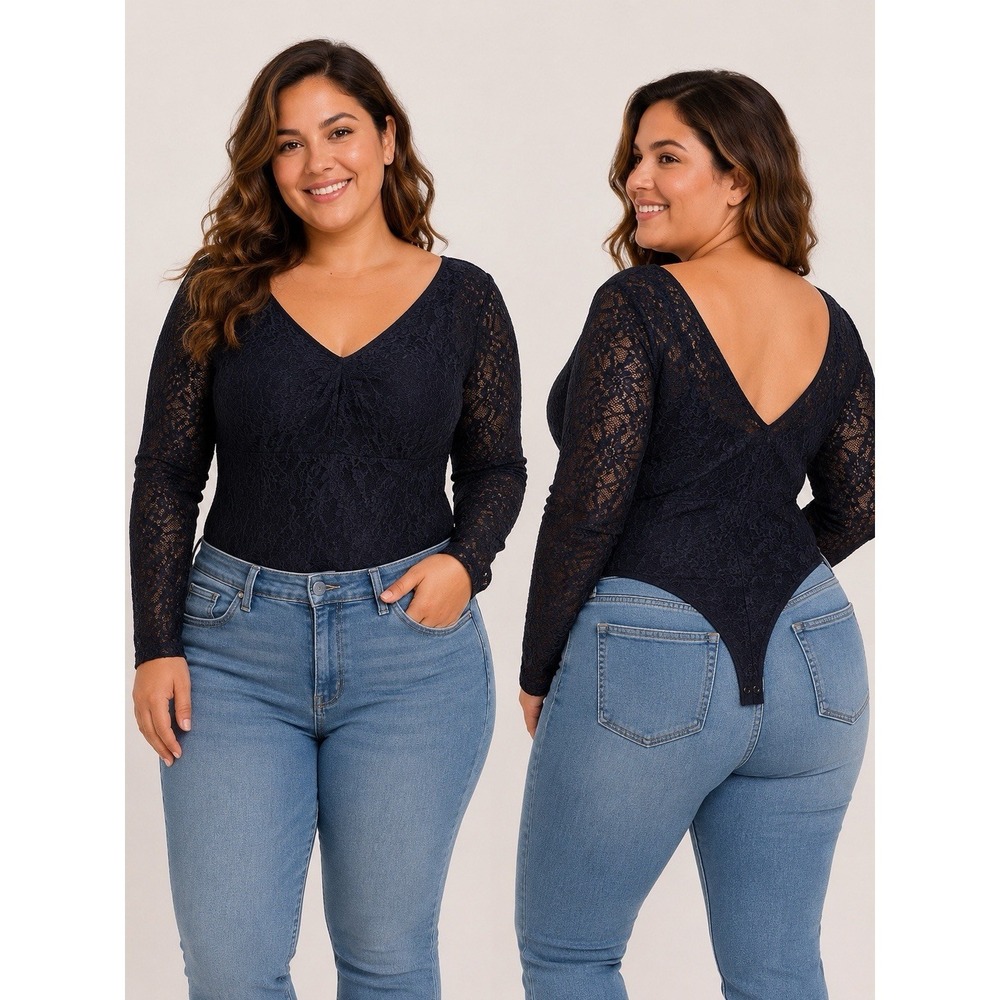 Torrid Plus Size 2X Boho Lace V Neck Stretch Top Bodysuit Black Long Sleeve